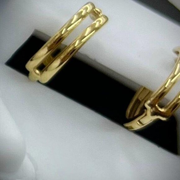 2 Row Gold Huggie Hoop Earrings 14K Yellow Gold For Womens Fashion Design - Picture 2 of 5